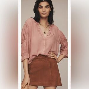 NWT Anthropologie Pilcro Gauzy Bubble Sleeve Buttondown Top Mauve Dust